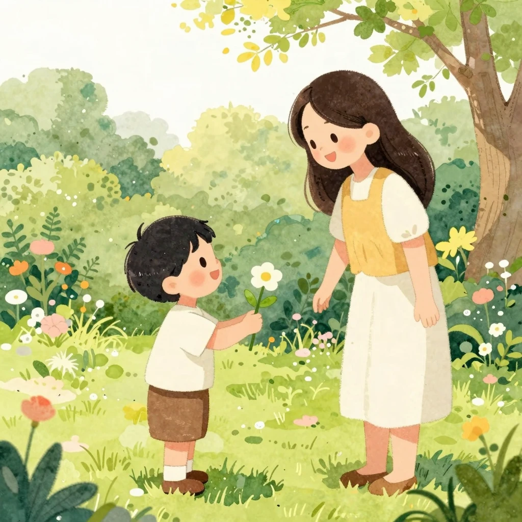 A charming watercolor illustration of a child handing a flow...