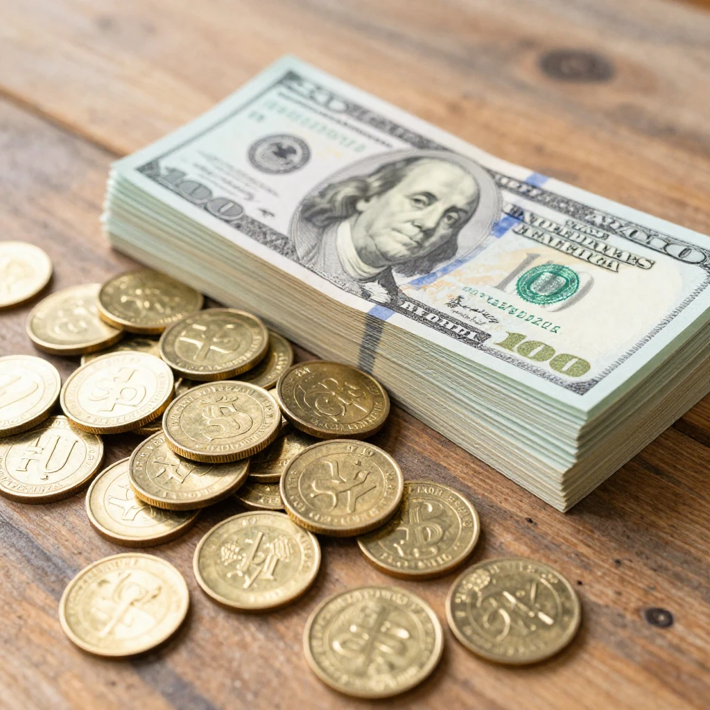 A vibrant watercolor rendering of a pile of gold coins and n...