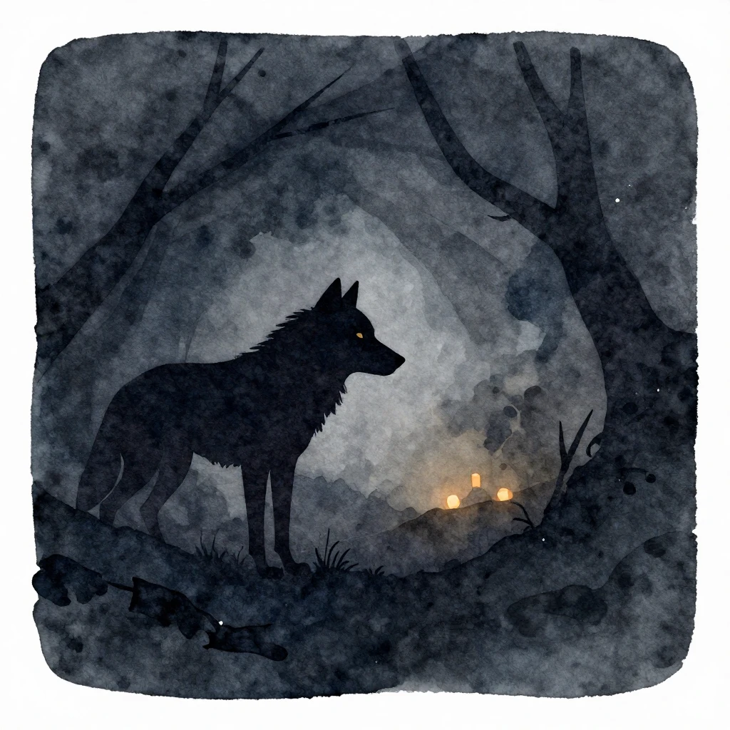 Watercolor painting of a silhouette of a wounded wolf, hidin...