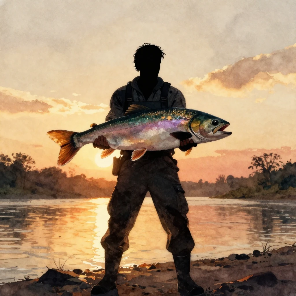 A silhouette of a powerful man standing on a riverbank at su...