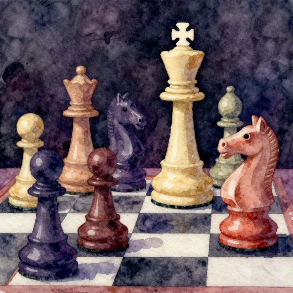 Chess pieces (king, queen, knight) in a vibrant watercolor s...