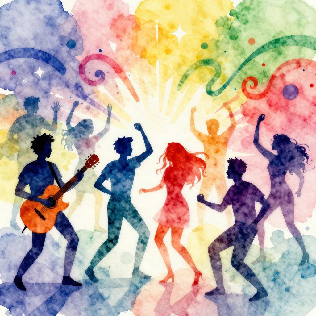 Vibrant watercolor illustration of a lively spring party sce...