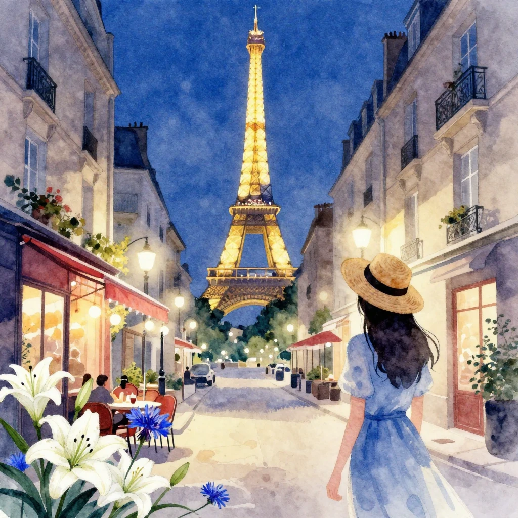 A romantic, dreamy watercolor illustration of Paris at night...