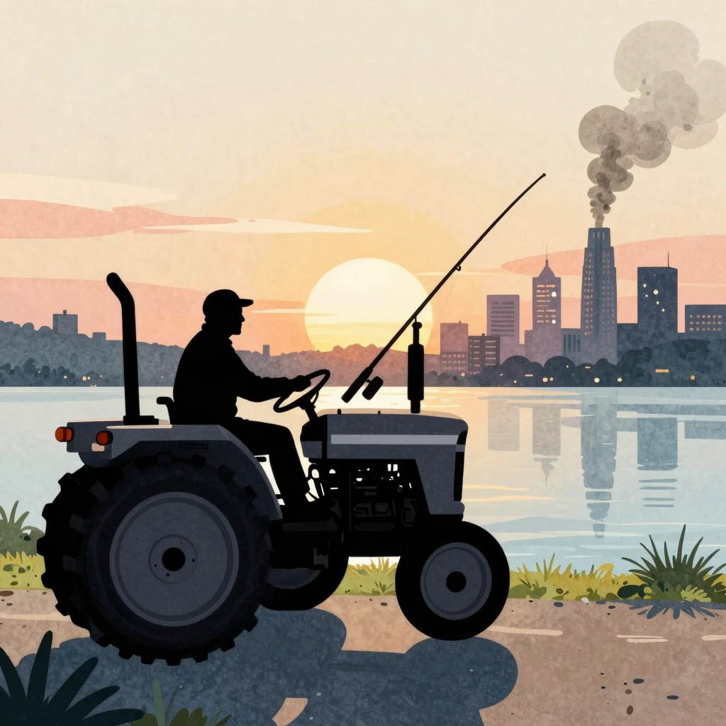 Watercolor style. Silhouette of an old man driving a tractor...