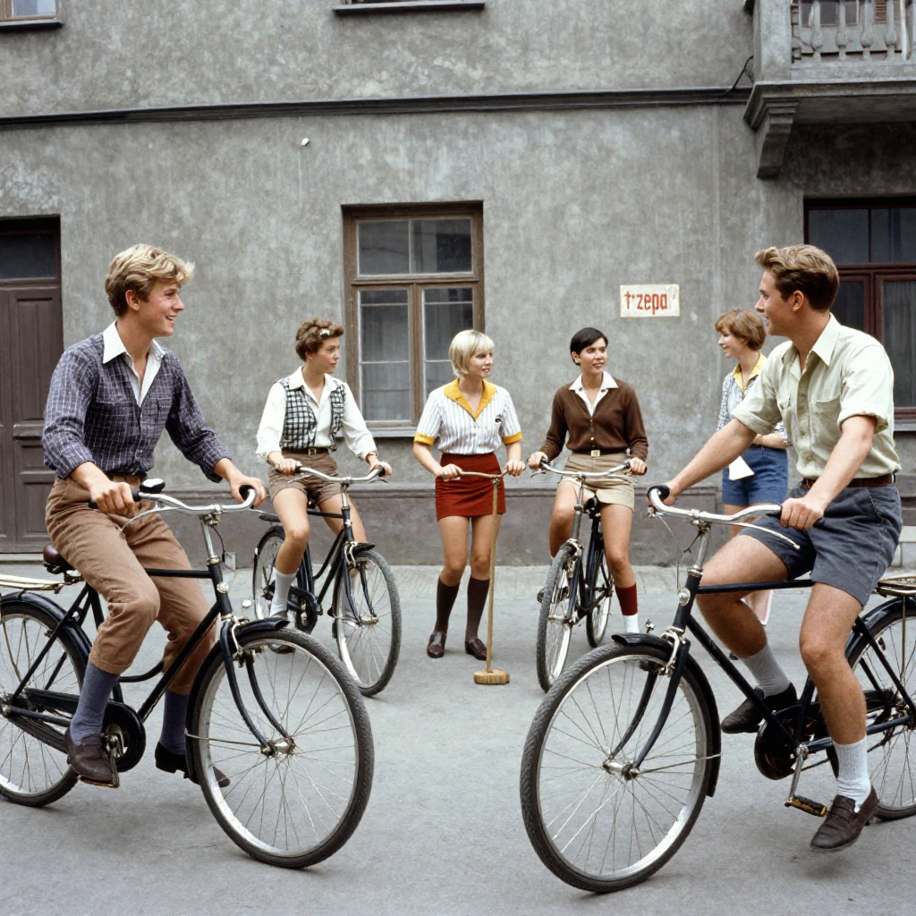 A diverse group of teenagers from the 1970s in an urban cour...