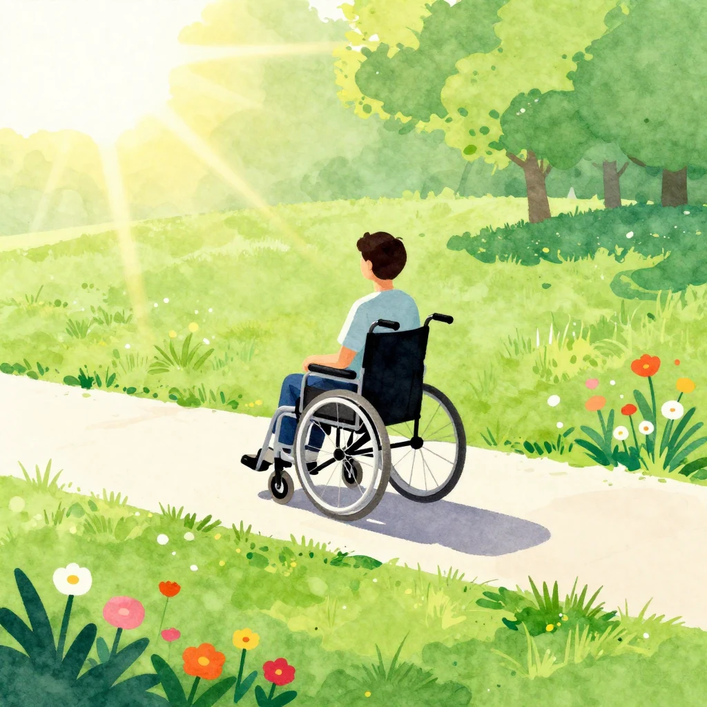 Watercolor painting of a person in a wheelchair on a park pa...