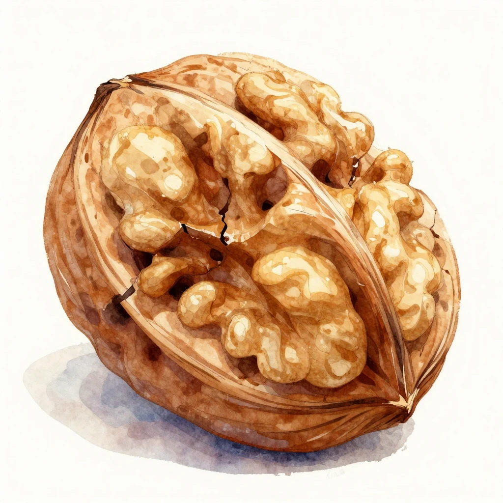 A stylized, cracked nut, possibly a walnut or almond, render...