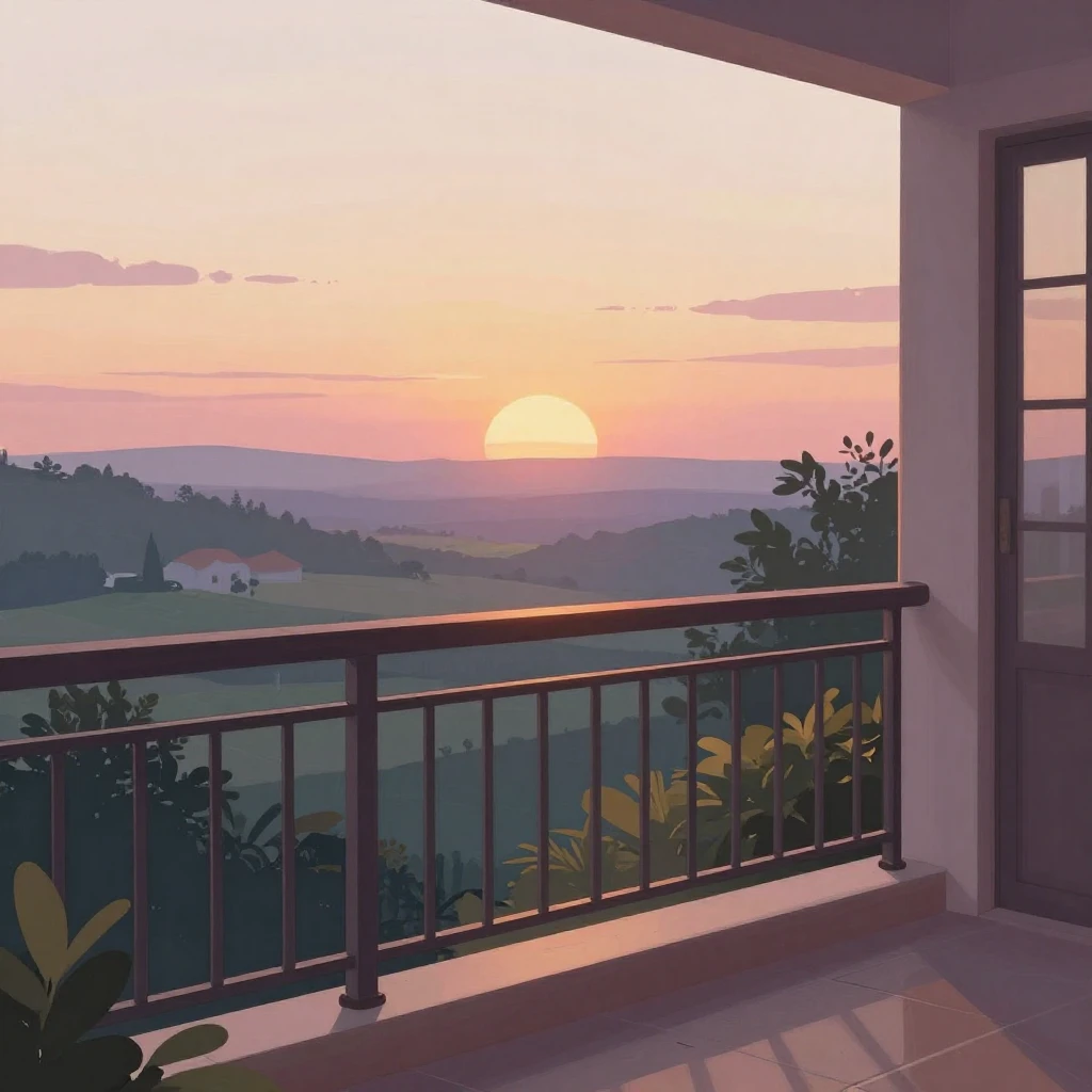 An artistic illustration of a balcony overlooking a beautifu...