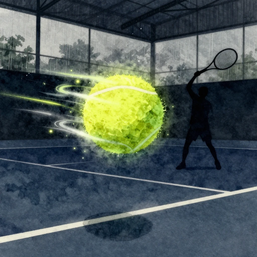 Watercolor abstract tennis ball flying at high speed with ne...