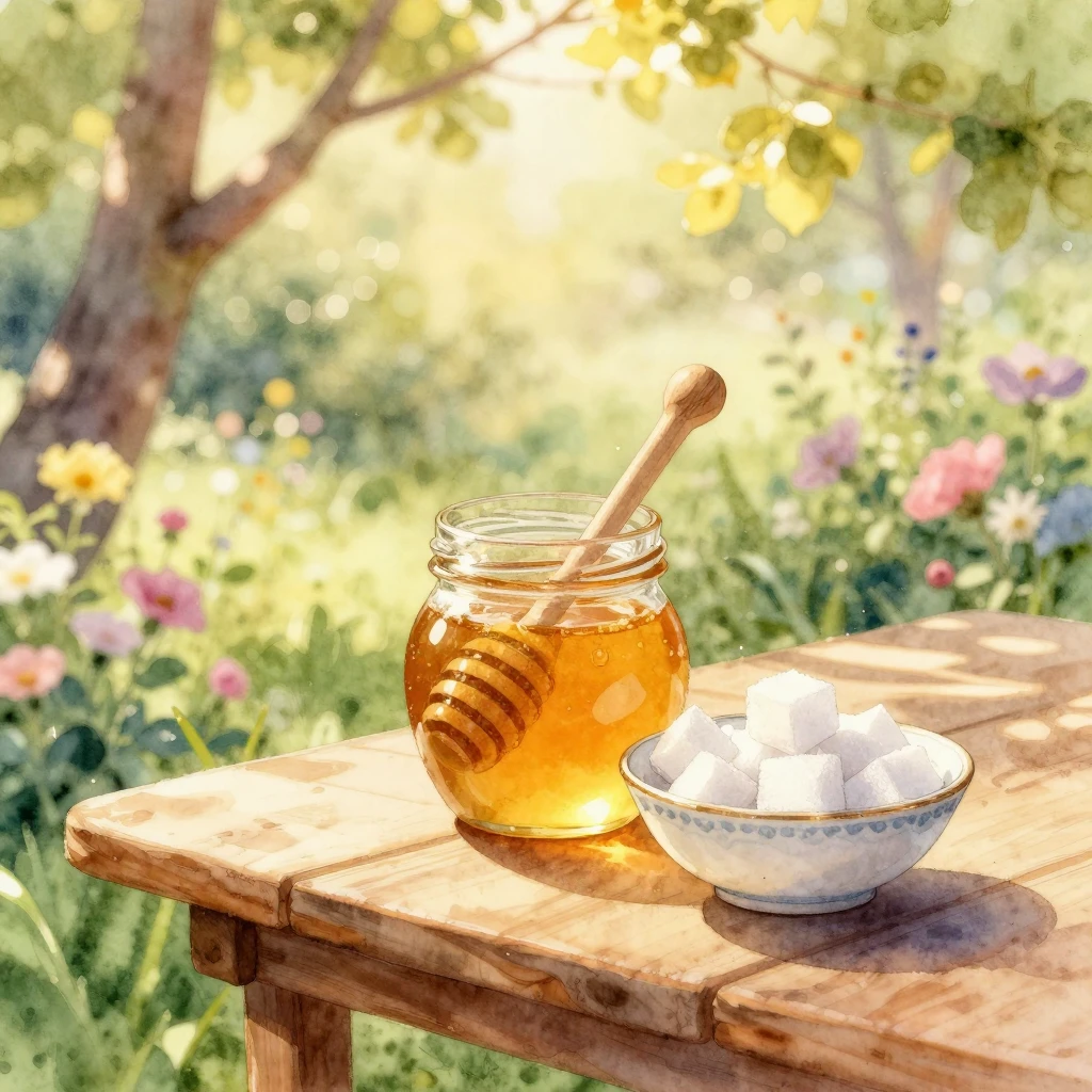 A dreamy watercolor painting of a sun-drenched wooden table ...