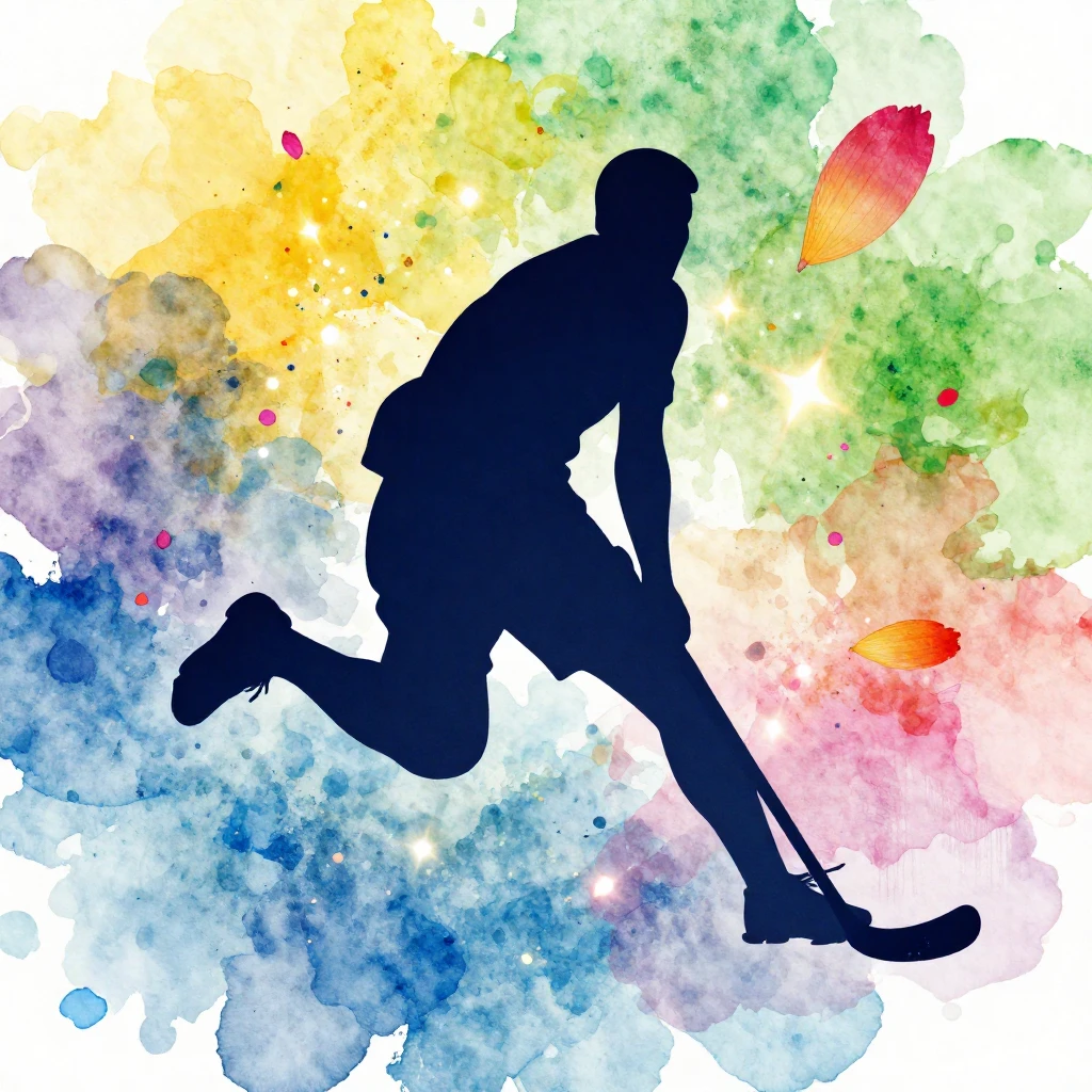 A dynamic abstract watercolor silhouette of a floorball play...