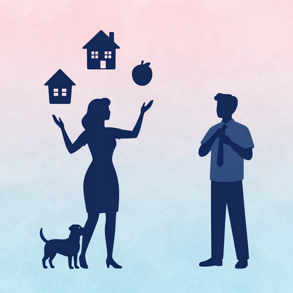 Minimalist vector art silhouette of a woman juggling many he...