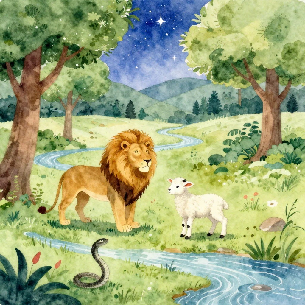 Vibrant watercolor style. A serene, idyllic paradise scene w...