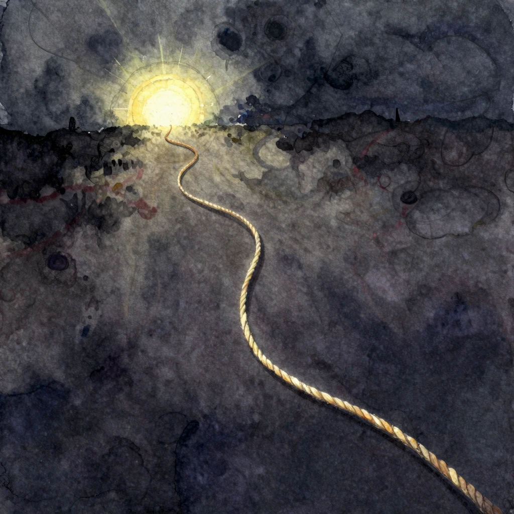 A vibrant watercolor painting showing a dark, winding thread...
