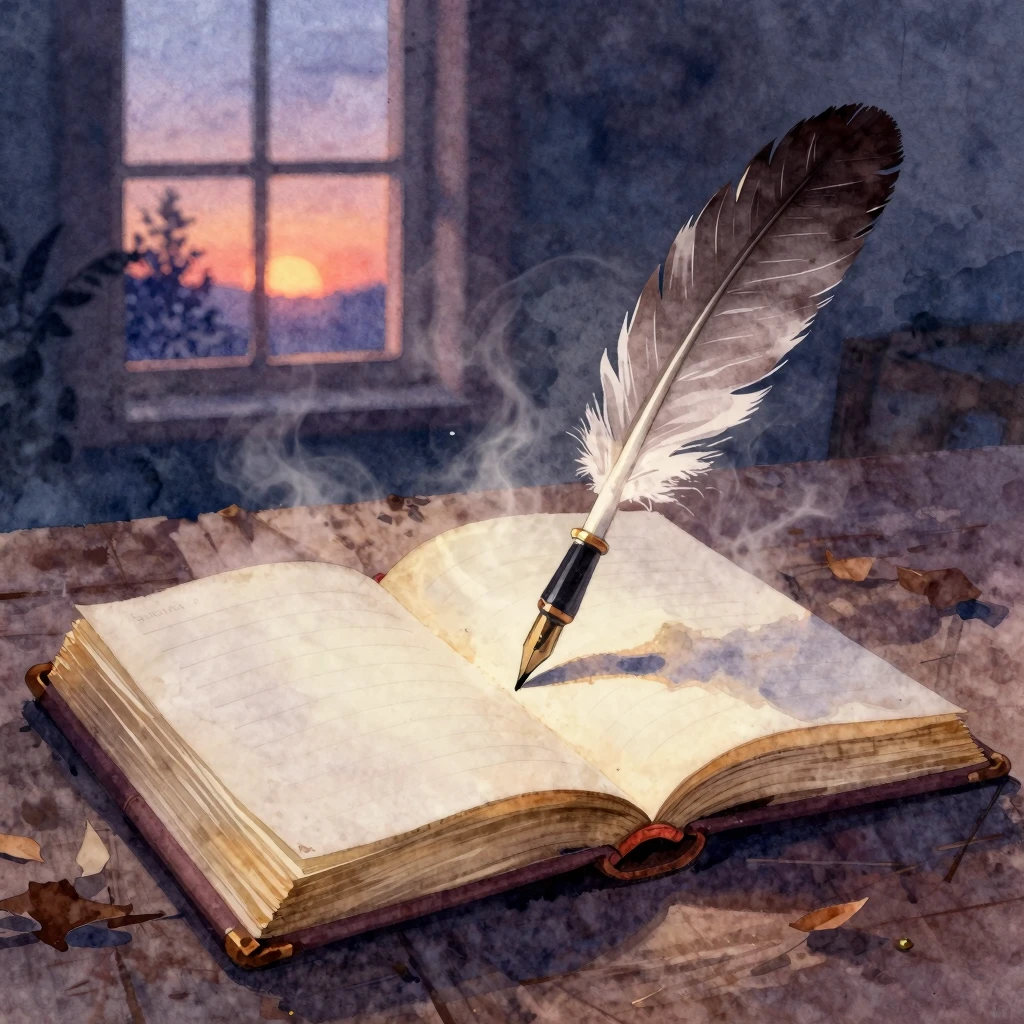 Vibrant watercolor style. A quill pen, its tip glowing faint...