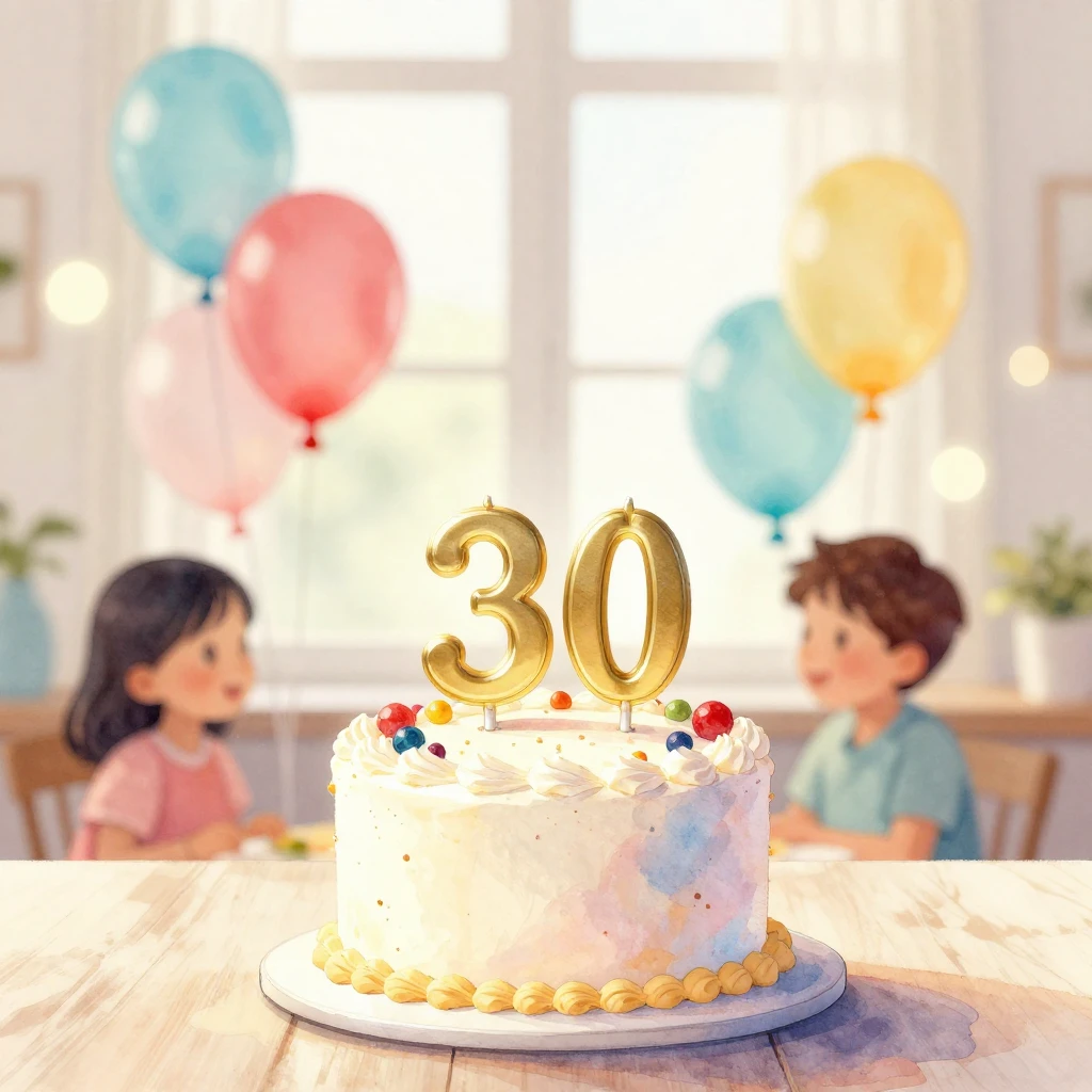 A bright festive birthday cake with the number 30 on top, su...