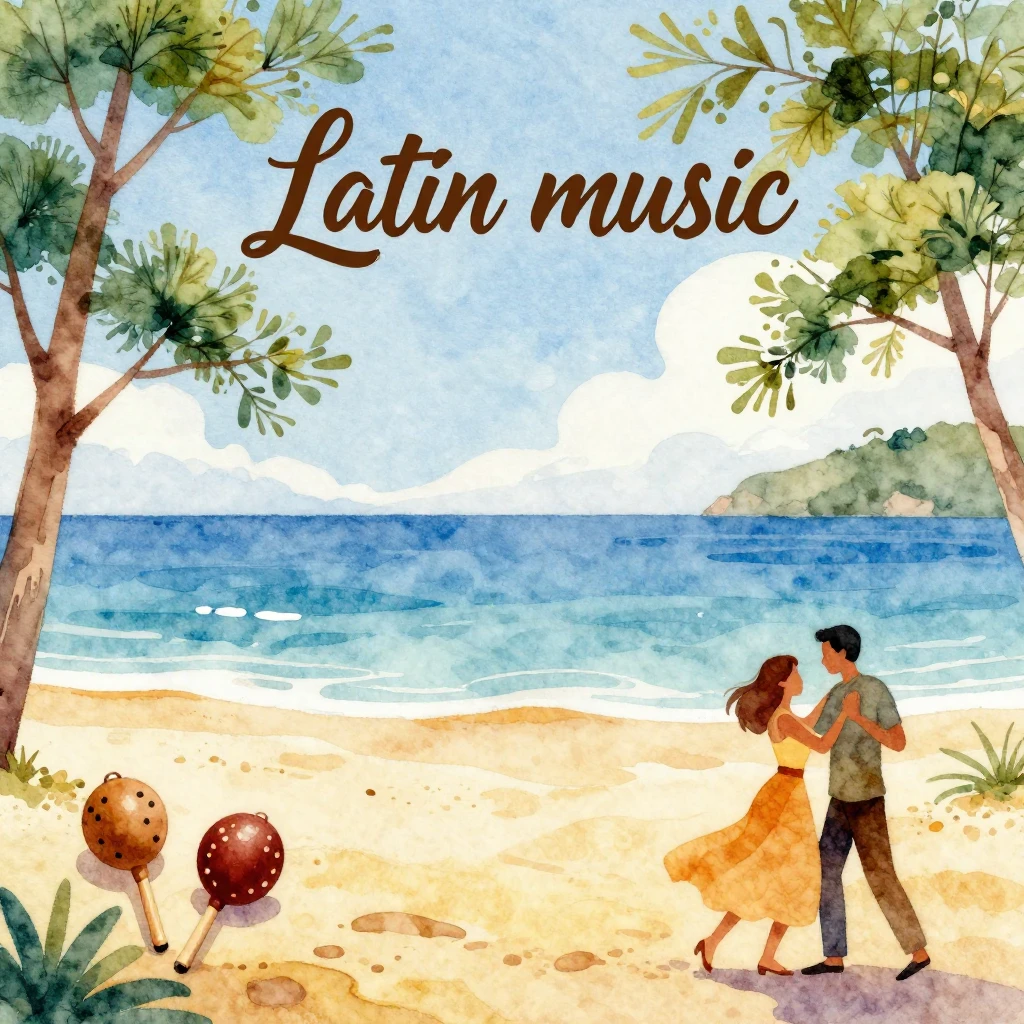 A vibrant watercolor style Latin music album cover. Focus on...