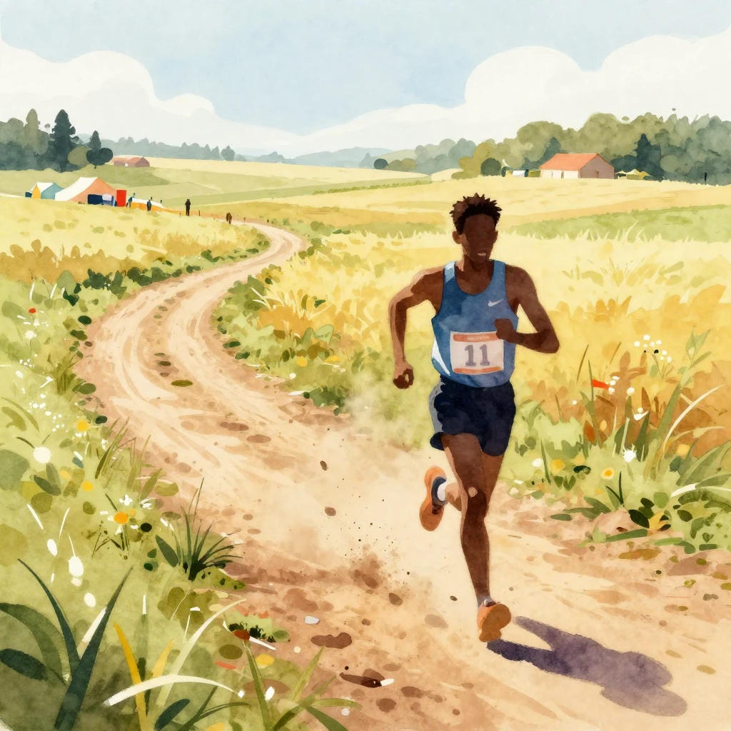 Vibrant watercolor illustration of a rural cross-country rac...