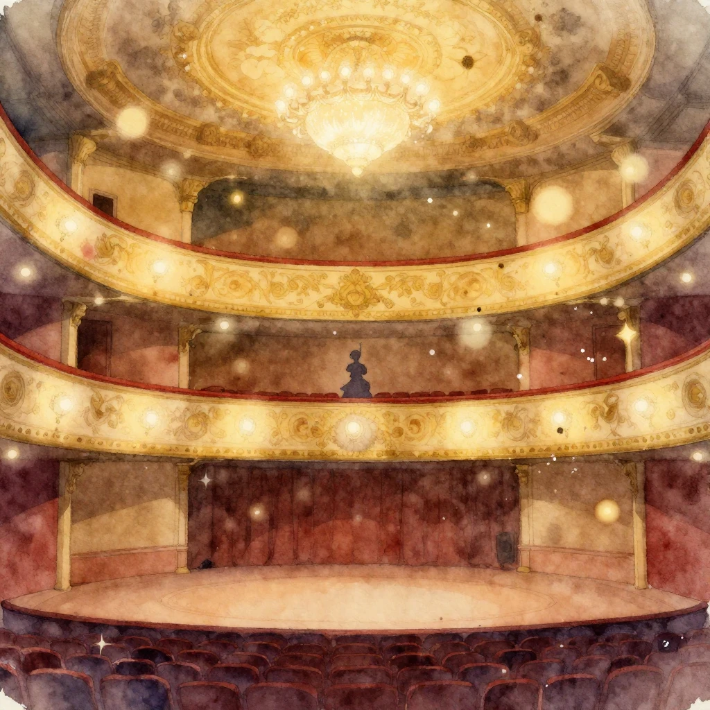 A watercolor painting depicting a classic theater box scene....