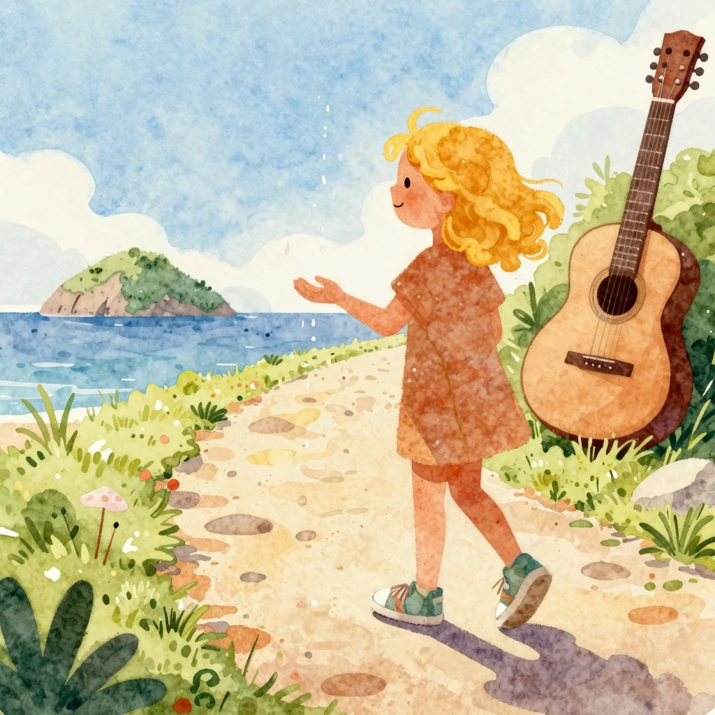 Vibrant watercolor illustration of a sun-drenched path on a ...