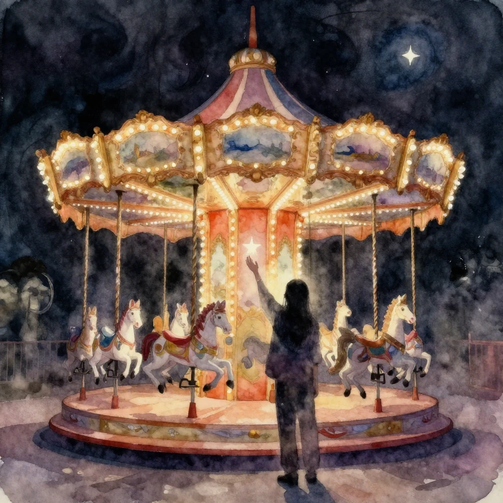 A melancholic carousel, a blurred silhouette of a person rea...