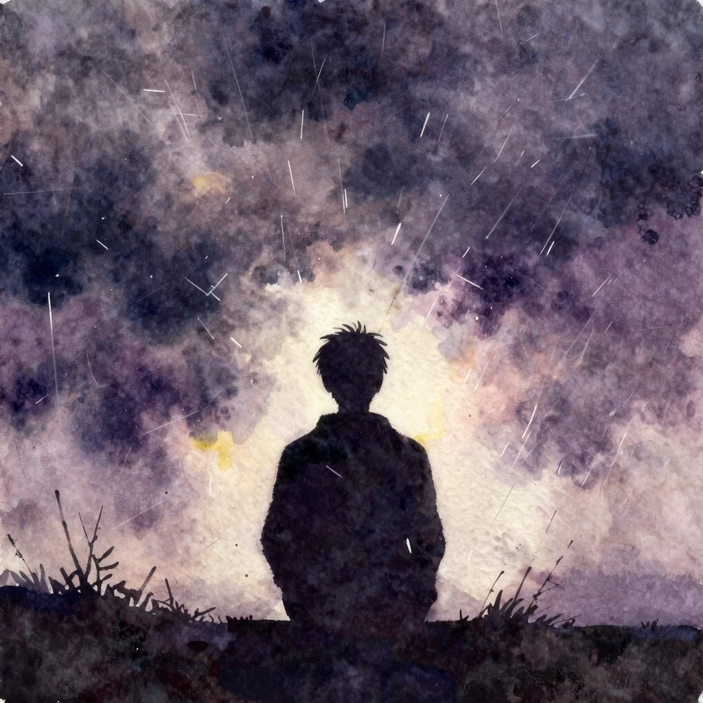Vibrant watercolor painting, a lone silhouette looking out f...