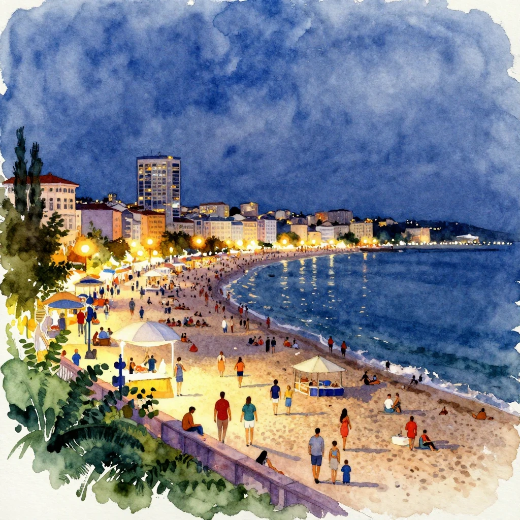 A watercolor painting depicting a vibrant summer night in Od...