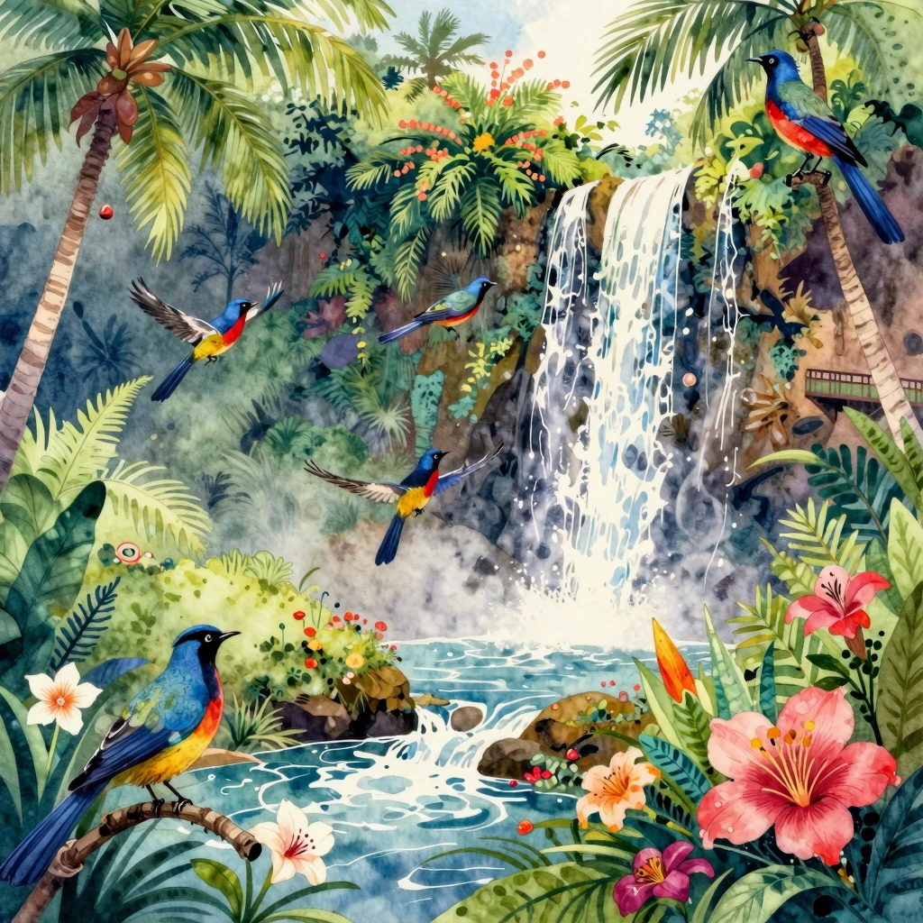 Vibrant watercolor style. Lush tropical Bali island landscap...