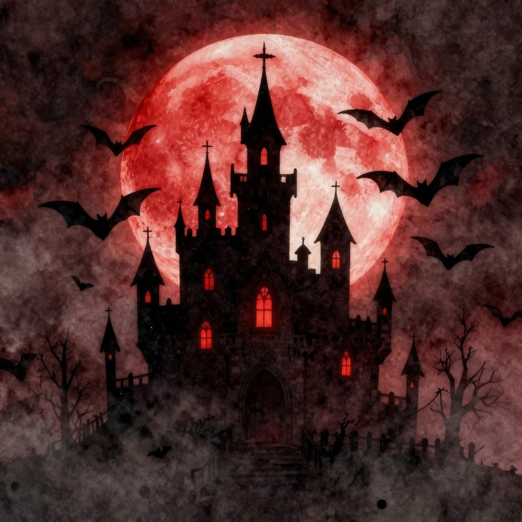 Watercolor style. Dark gothic castle silhouette against a gi...