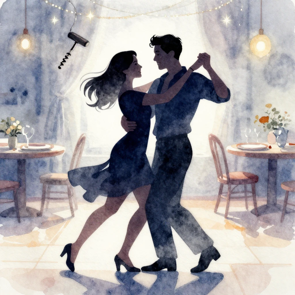 A vibrant watercolor painting of a happy couple in silhouett...