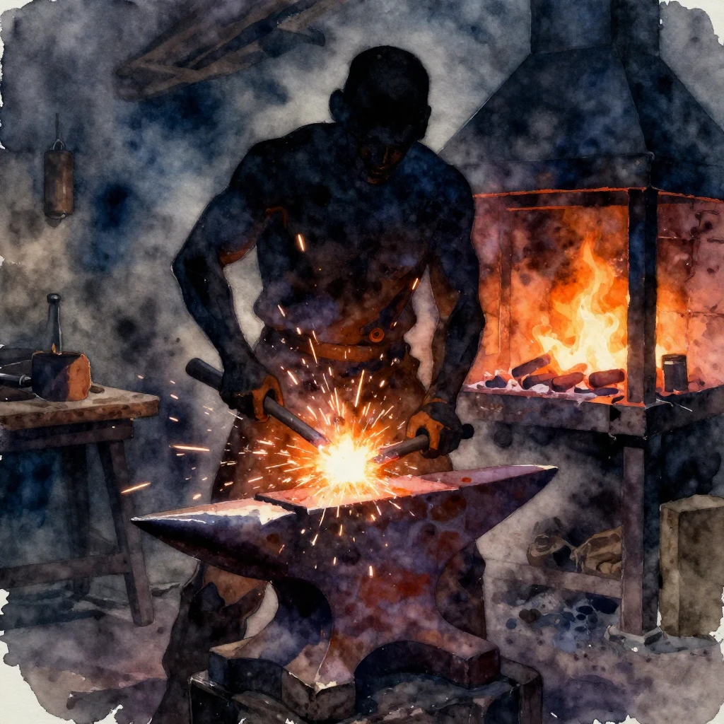 Watercolor painting of a powerful blacksmith silhouette stri...