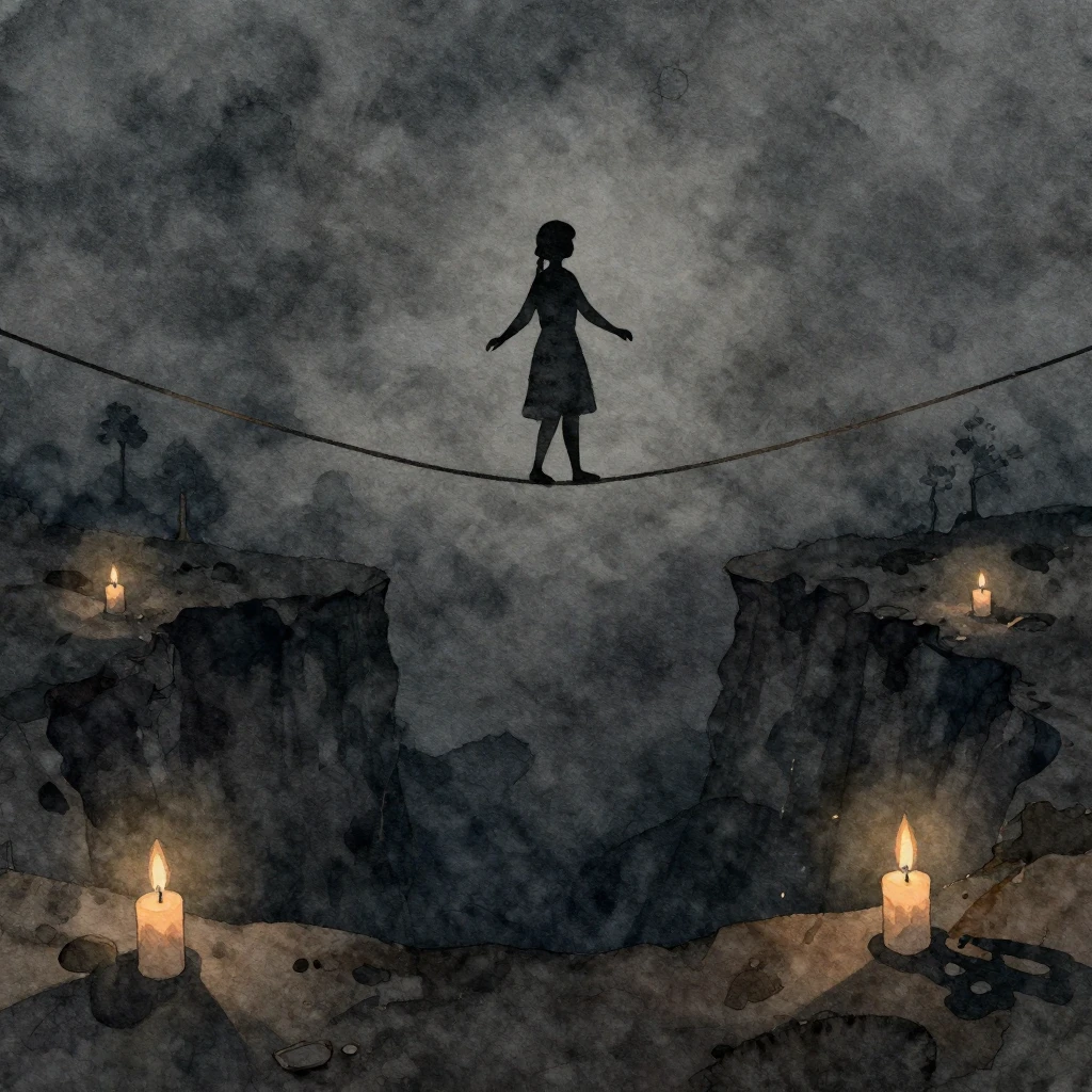 A melancholic watercolor illustration featuring a tightrope ...