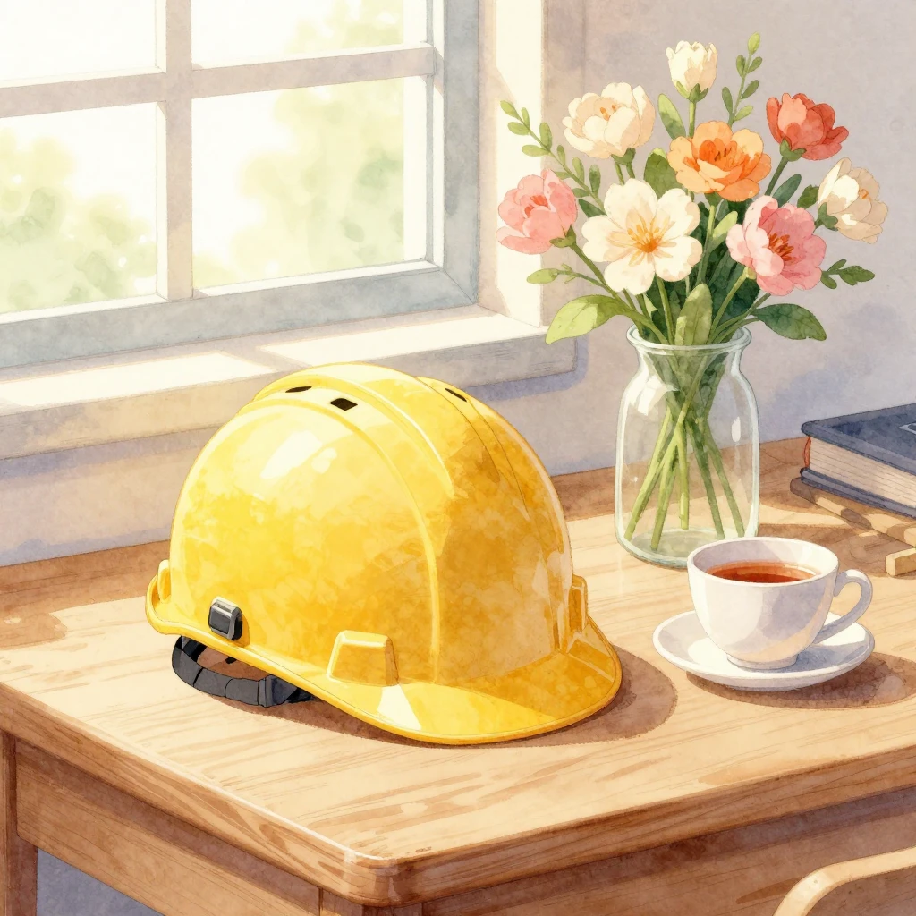 Watercolor style illustration of a safety helmet on a wooden...