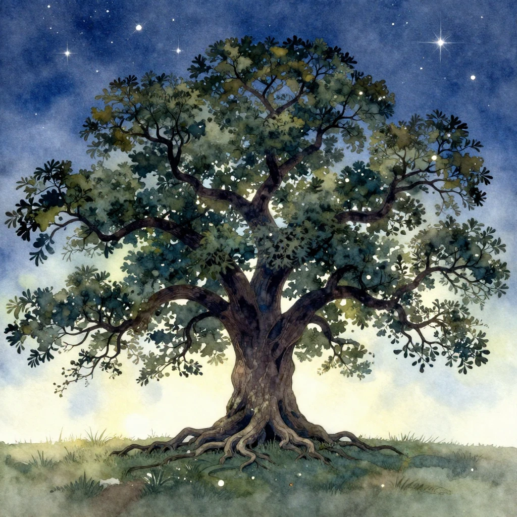A majestic, ancient oak tree with deep roots, its branches r...