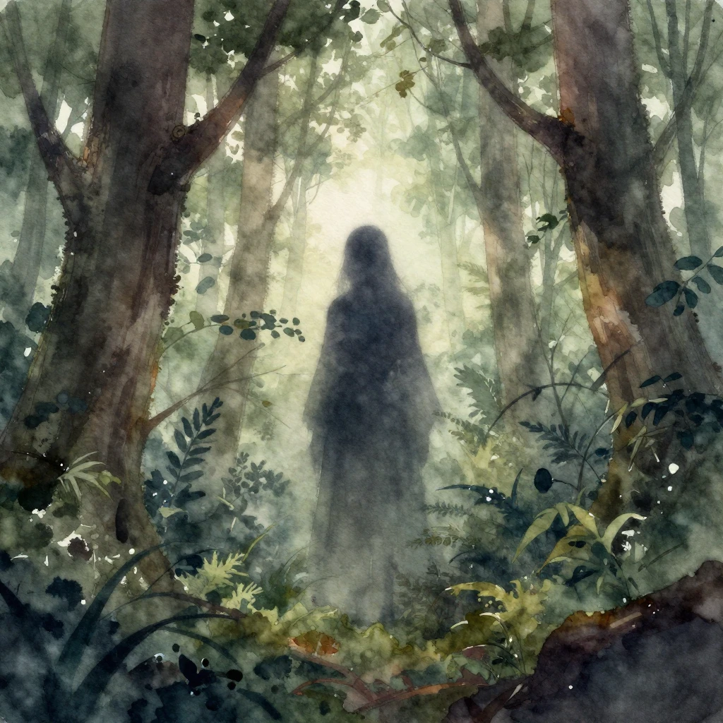 A shadowy, ethereal forest spirit subtly lurking among ancie...