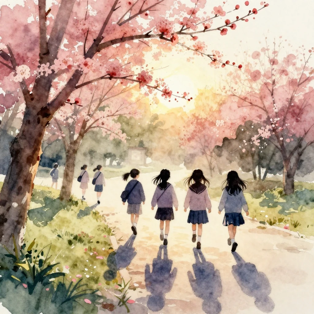 Watercolor painting of silhouettes of schoolgirls walking th...