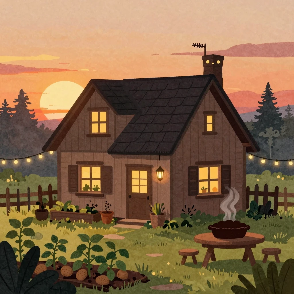 A cozy rustic house silhouette at sunset, with warm glowing ...