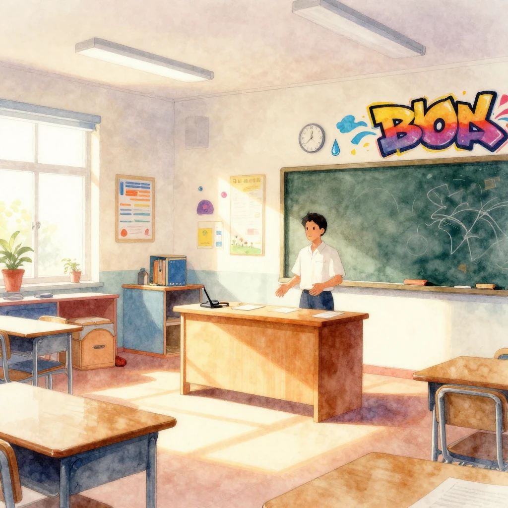 A bright modern classroom in watercolor style, with colorful...