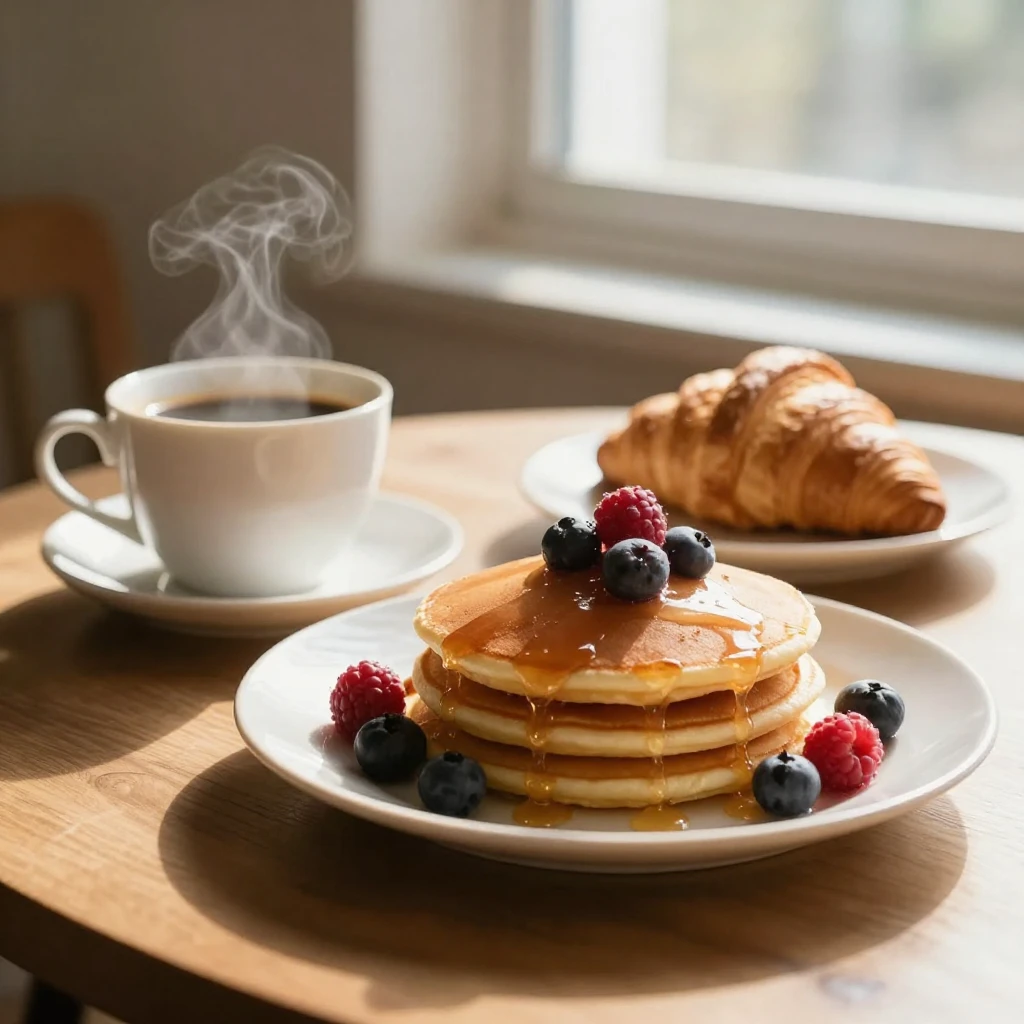 A beautifully set breakfast table with a steaming cup of cof...
