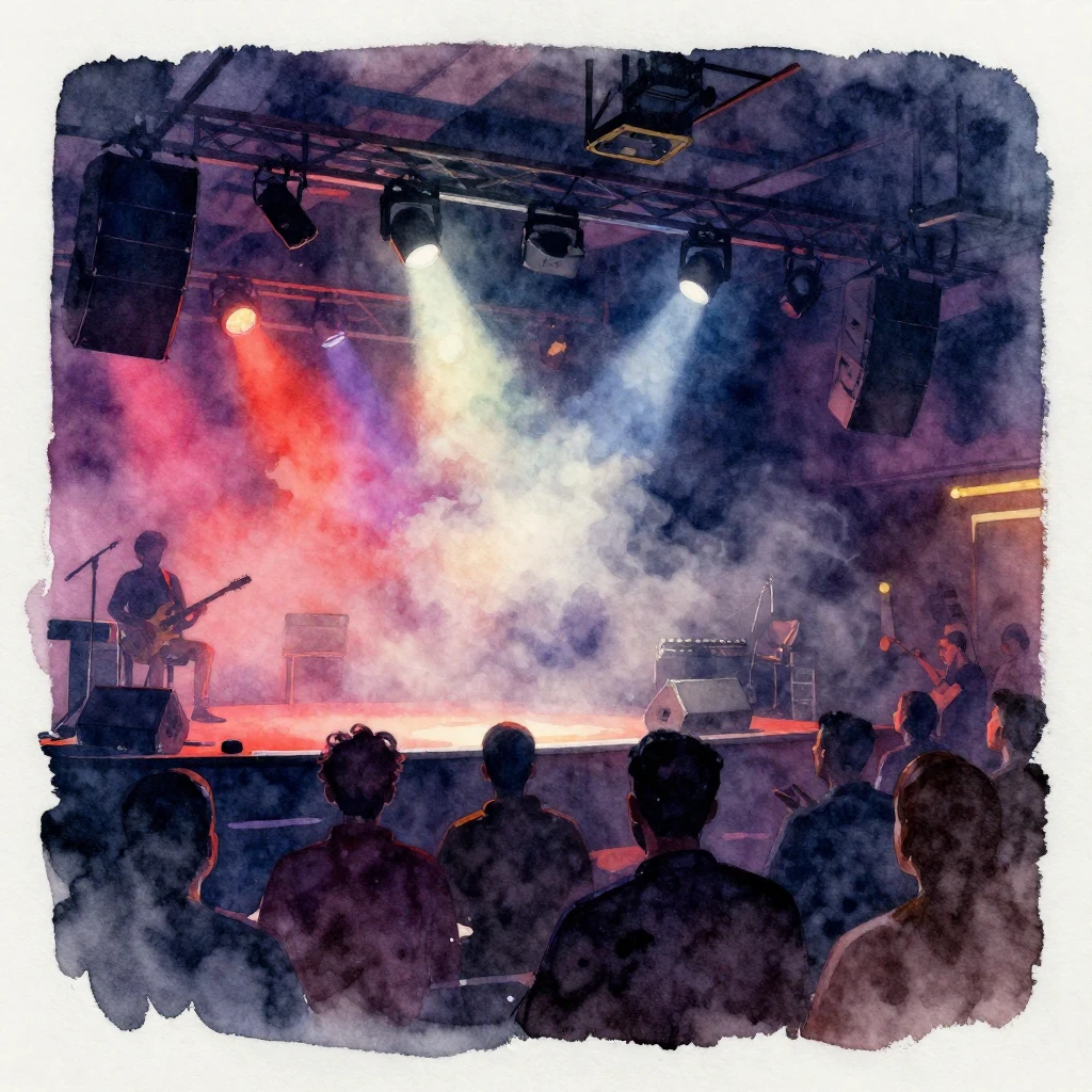 A vibrant watercolor painting depicting an intimate club int...