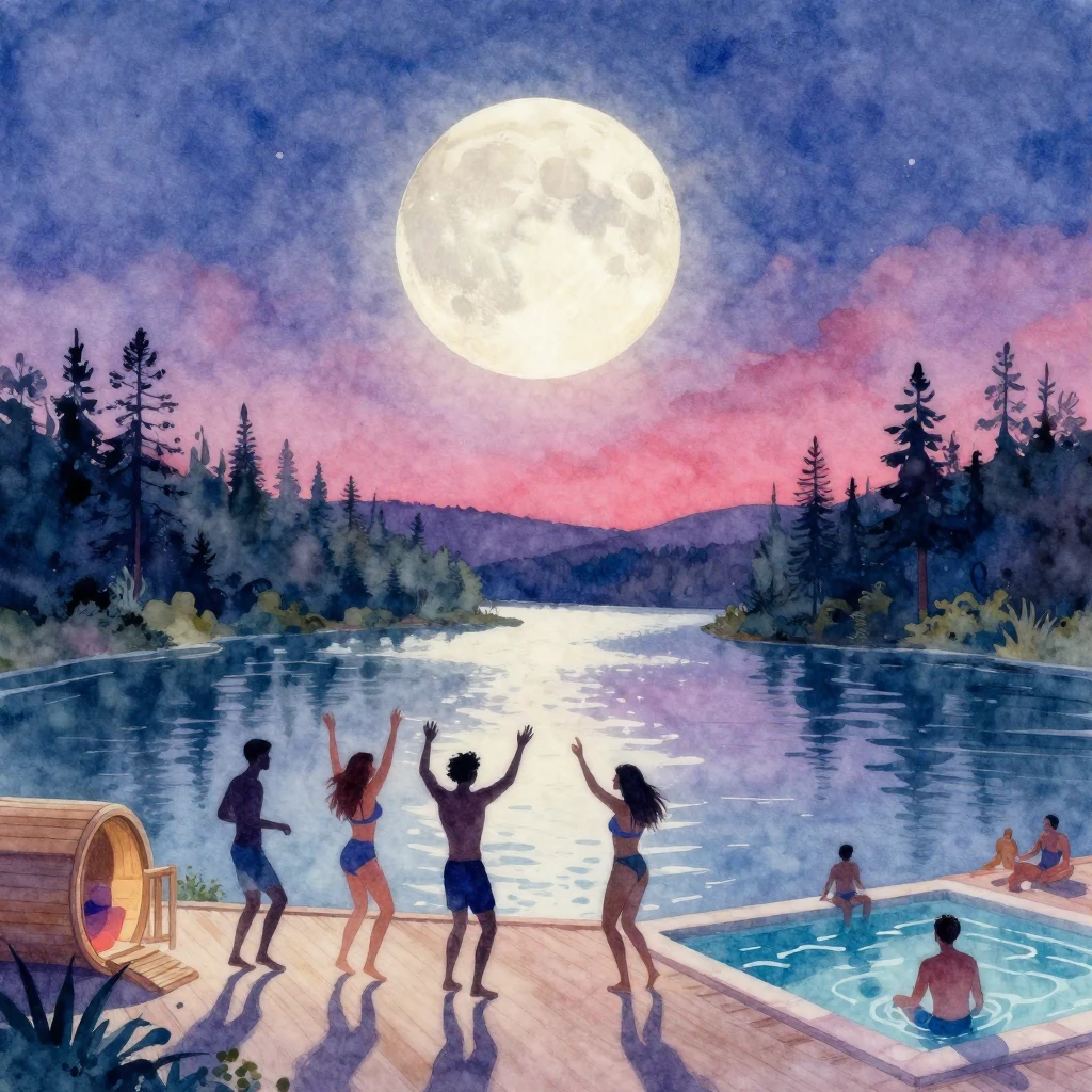 Vibrant watercolor painting of a full moon over a river, wit...