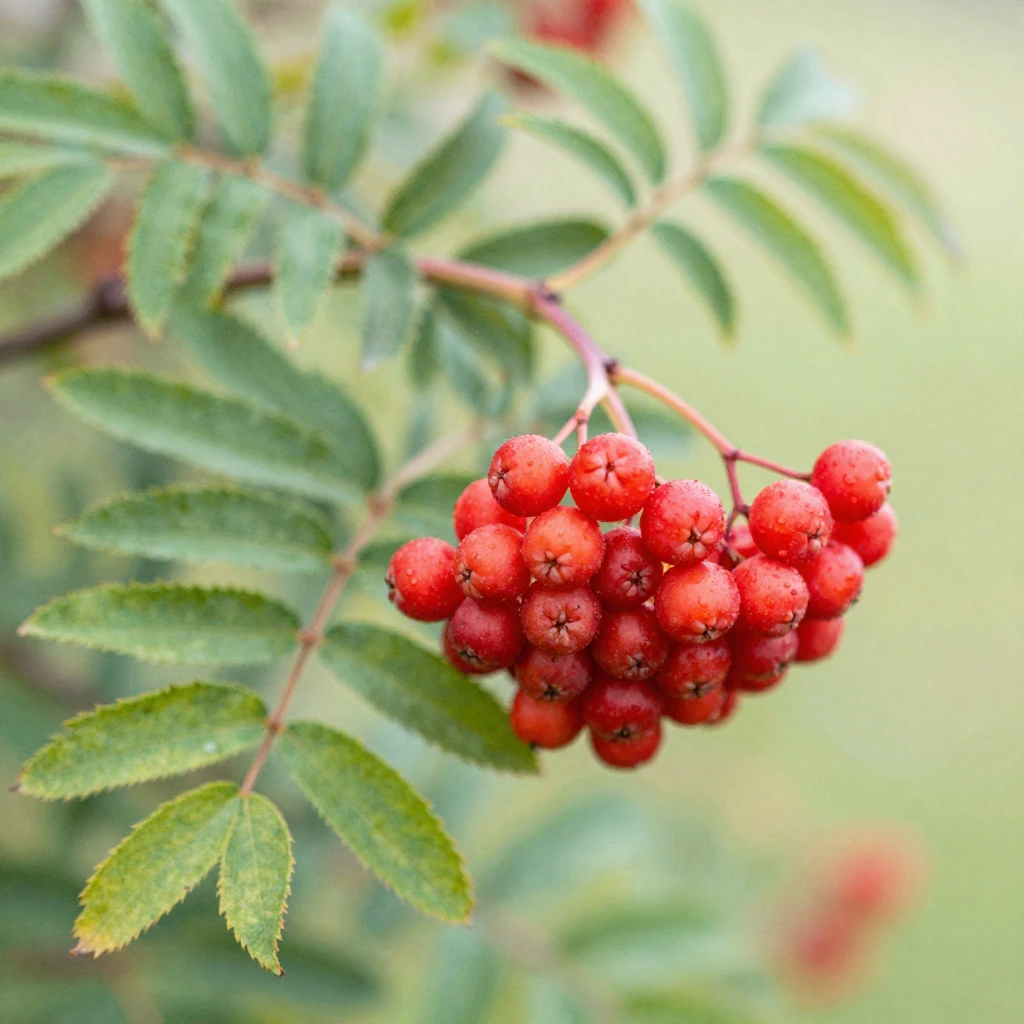 Close-up of blood-red rowan berries on a branch, with green ...