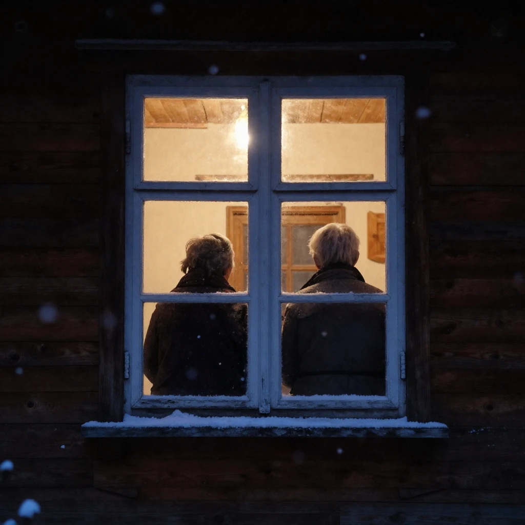 Silhouettes of two elderly people visible through the warm-l...