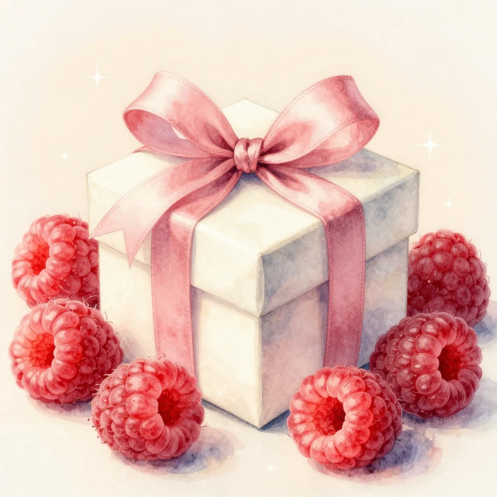 Watercolor still life of fresh raspberries around a gift box...