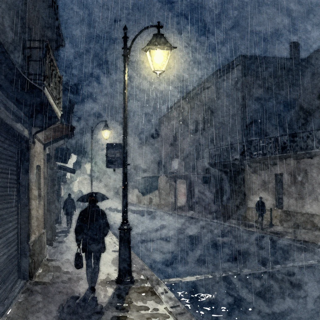 Watercolor painting of a street scene at night, heavy rain f...