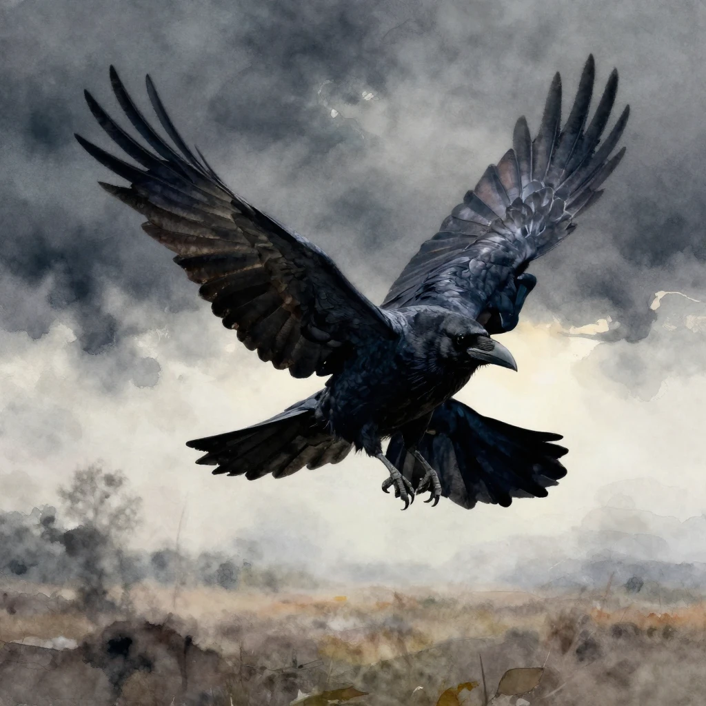 A majestic black raven with glossy feathers, wings spread wi...