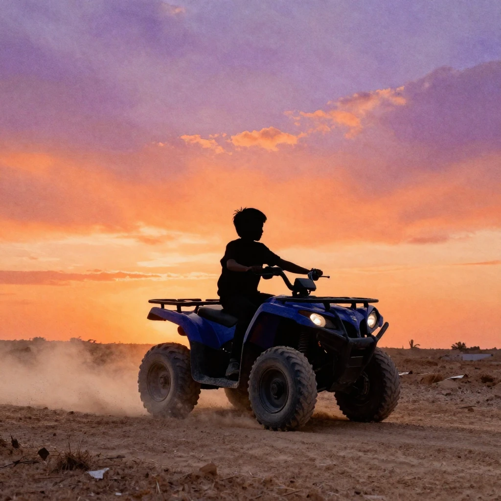 Watercolor style. Silhouette of a young boy riding a quad bi...