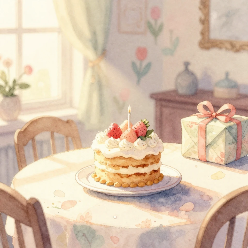 A cozy watercolor illustration depicting an intimate celebra...