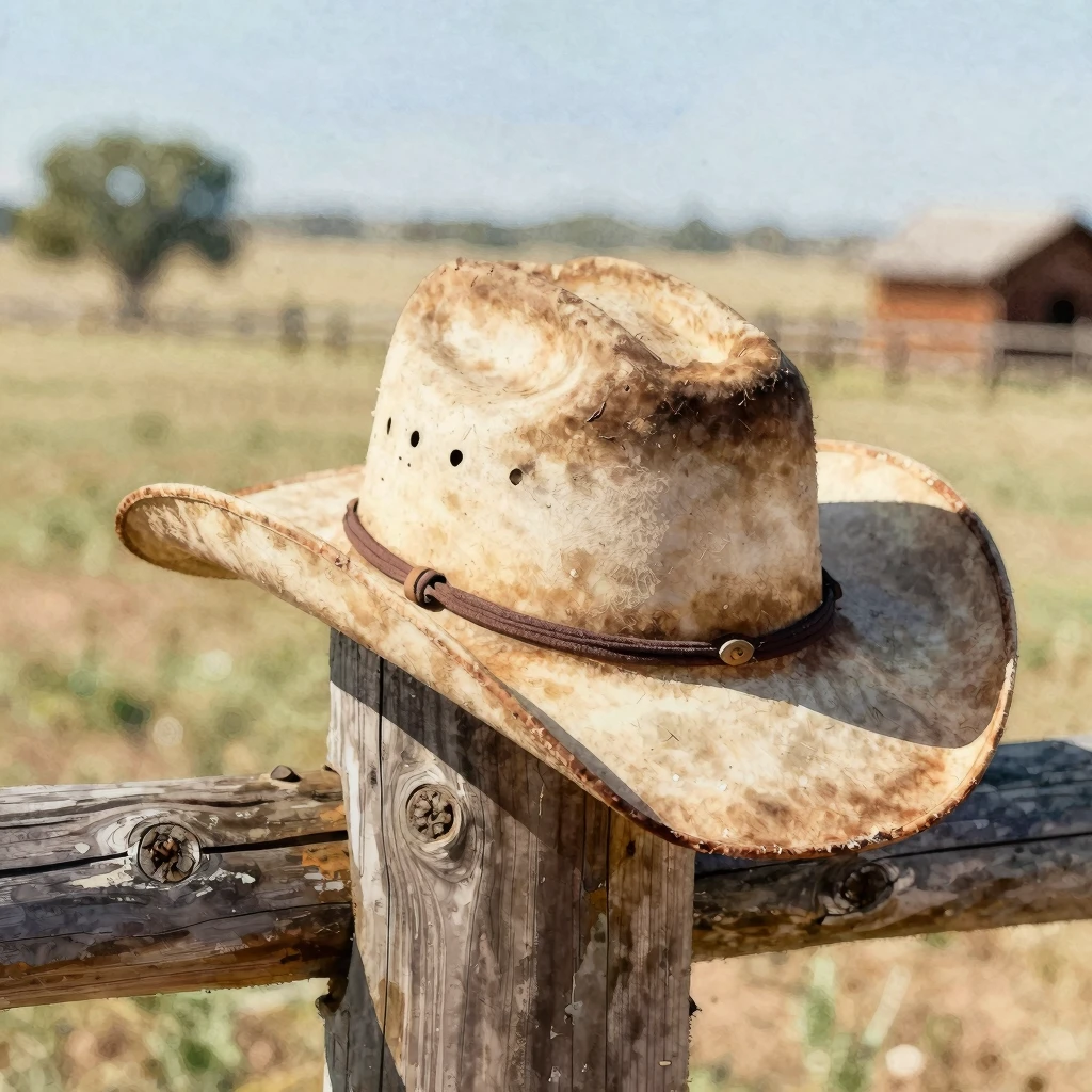 Vibrant watercolor style. A weathered, dusty cowboy hat lyin...