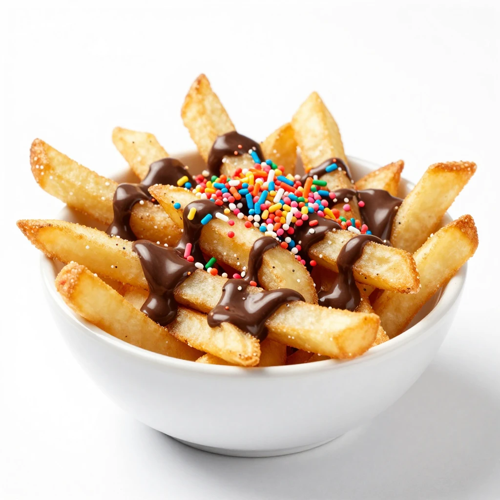 Hot french fries in a white bowl, generously topped with glo...